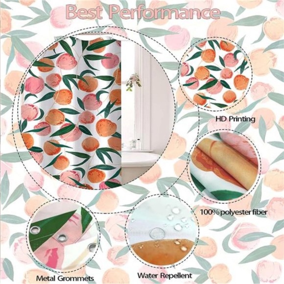 Allover Fruits Shower Curtains,Peach, Cute Bright Fabric Bathroom Curtain Set - Picture 7 of 8